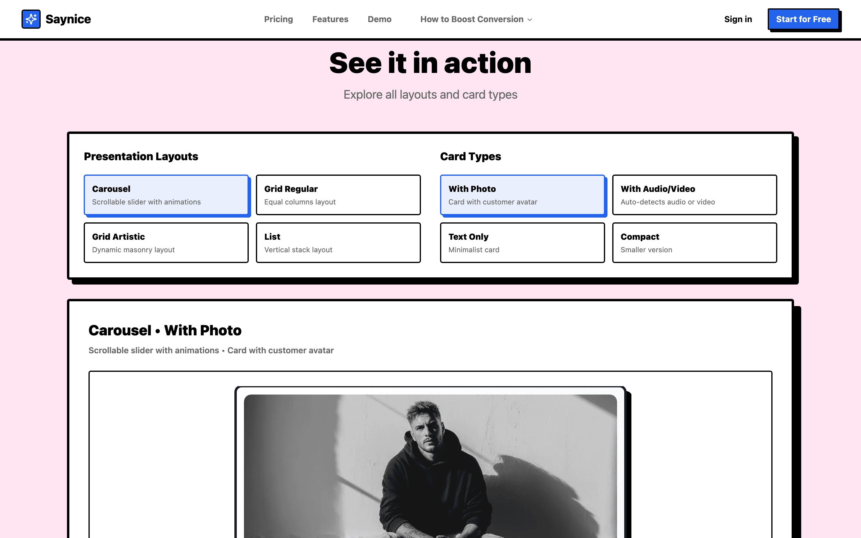 Saynice layouts and card types showcase