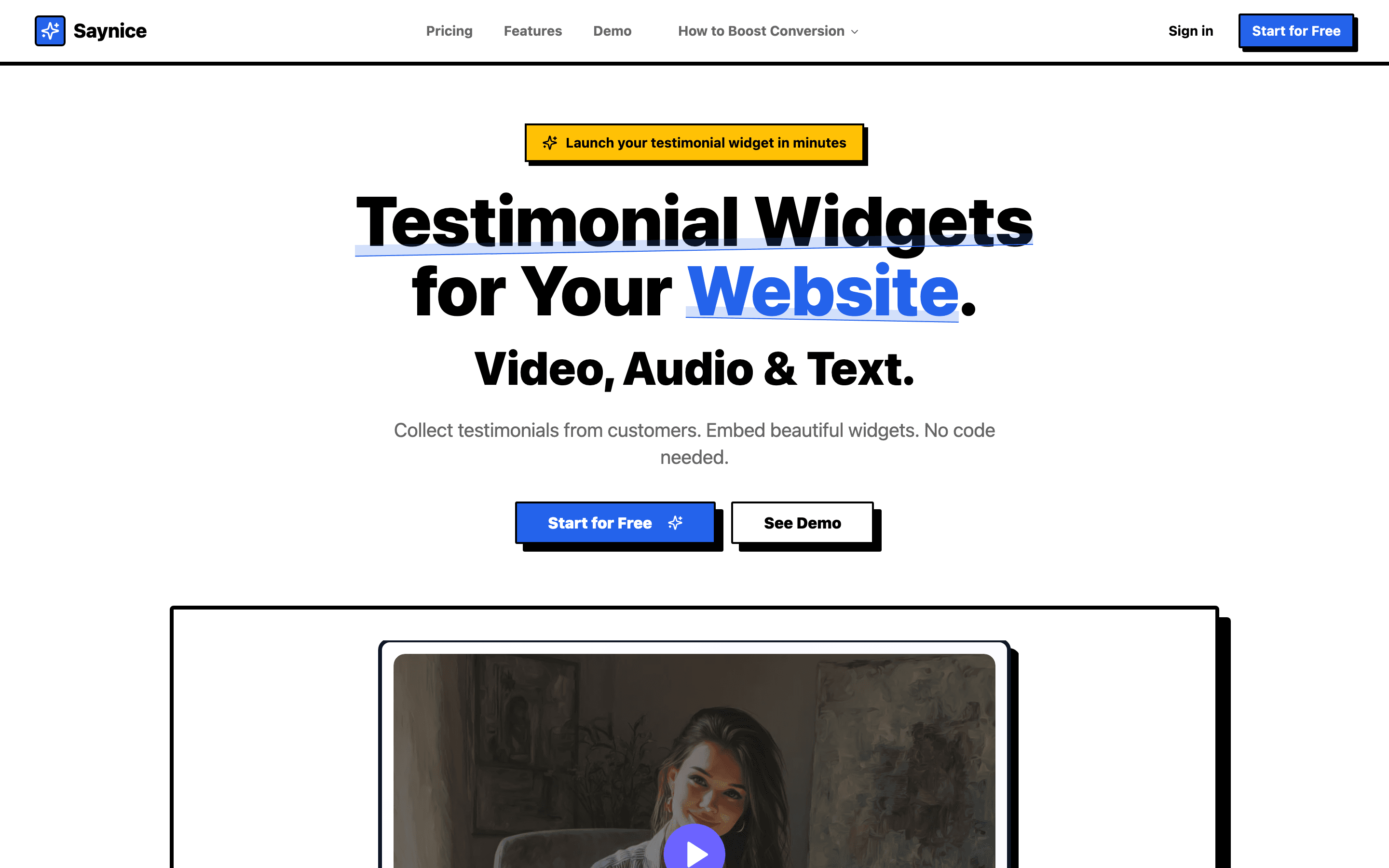 Saynice.io homepage - Testimonial Widgets for Your Website