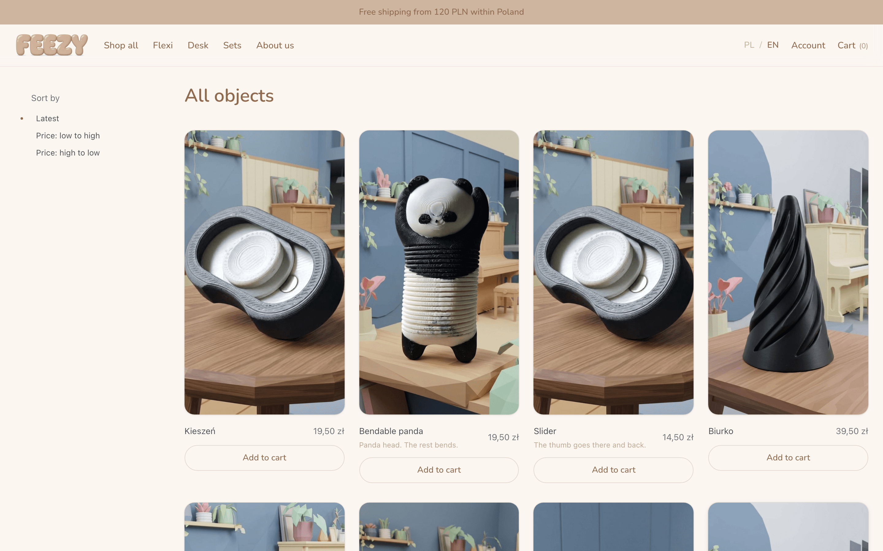 Feezy product listing with categories and filters