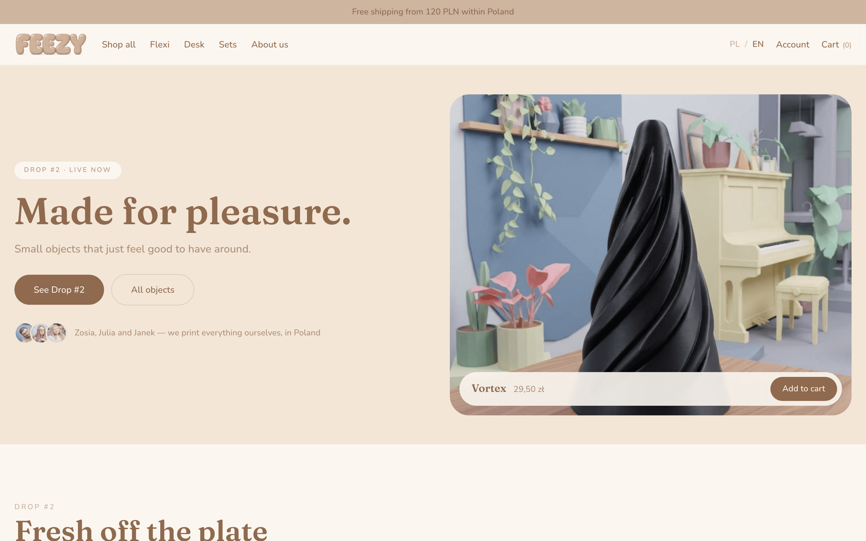 Feezy storefront home page with hero and featured products